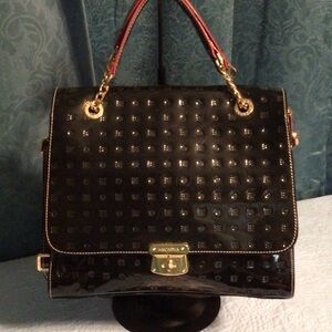 Arcadia Black Patent Leather Top-Handle Satchel with Gold Hardware